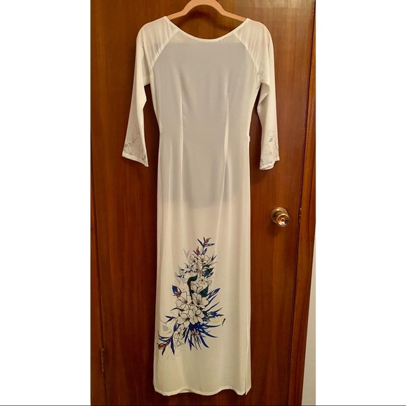 White & Blue Vietnamese Ao Dai Dress + Pants - Picture 4 of 7